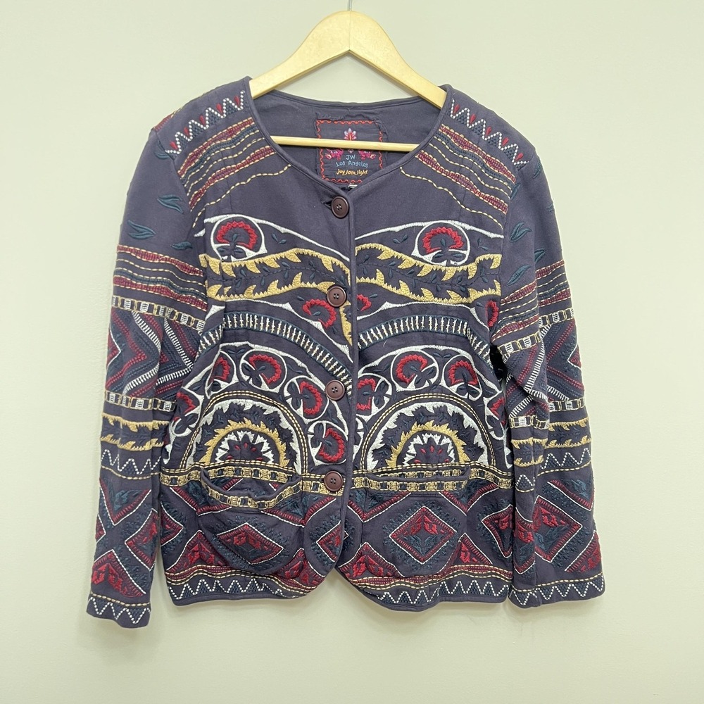 JW‎ Los Angeles Sweater Cardigan Womens Medium Multicolor Embroidered Boho Knit